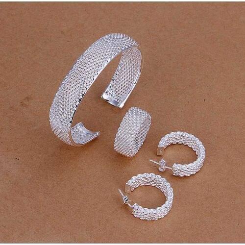 Factory price top quality silver plated net jewelry sets necklace bracelet bangle earring ring SMTS249