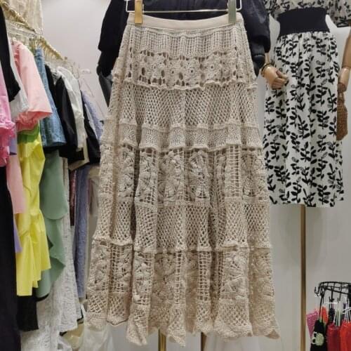TVVOVVIN Stylish New Hook Flower Hollow Out French Lace Mid Length Skirt 2021 Spring Female Elegant High Waist Skirt WKBS
