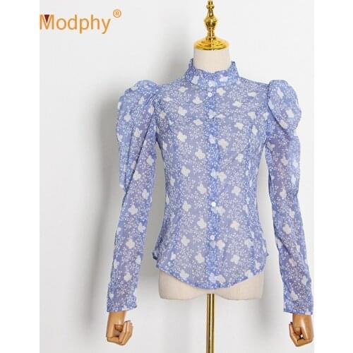 2020 Autumn Fashion Womens Wood Ear Printed Shirt Sexy Stand-up Collar Retro Puff Sleeve Button Long Sleeve Shirt Top