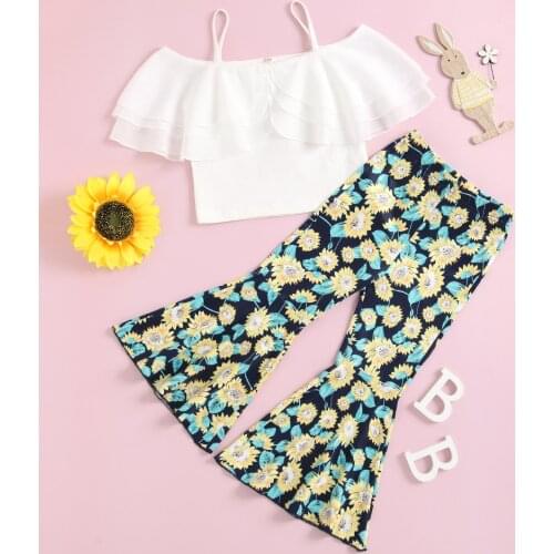 2-7Y Fashion Kids Girls Holiday Clothes Sets Ruffles Off Shoulder T Shirts Tops Floral Printed Flare Pants 2pcs