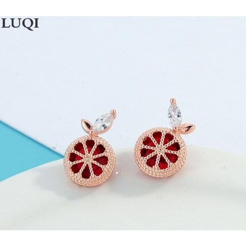 Fashion Womens S925 Silver Plated Rose Gold Sweet And Fresh Small Grapefruit Red Zircon Personalized Earrings E47