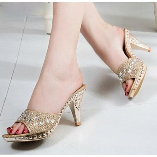Women Crystal Toe High Heels Shoes Gold Open Toe Sexy Party Sexy stiletto sandals and slippers