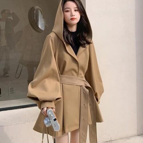 Korean Loose Hooded Cloak Woman Autumn New Khaki Trench Coat Women Vintage Single Breasted Cropped Jacket