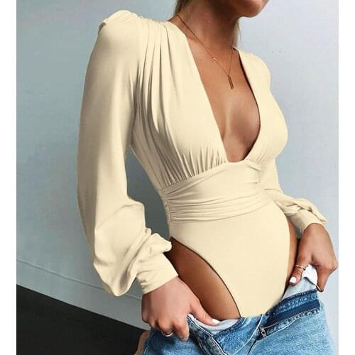 Simple Solid Women Deep V Neck Long Sleeve Bodysuit Summer Fashion Clothing Chic Waist Shaped Skinny Playsuit Female Jumpsuits