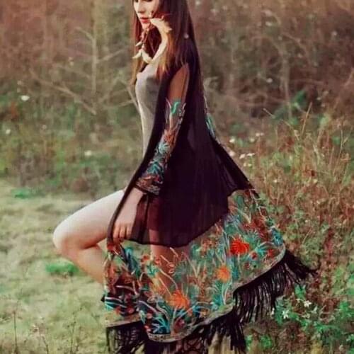 Bohemian Style 2020 Summer Kimono Cardigan Tunic Kimono Boho Hippie Embroidery Tassel Ladies Shirts Women Tops AH685