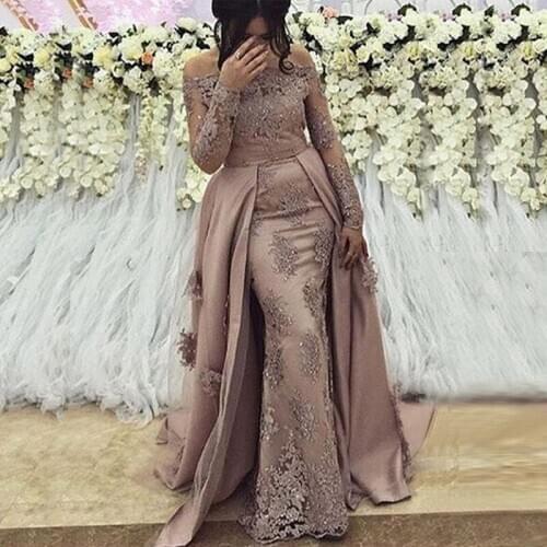 2021 Off the Shoulder Mermaid Prom Gowns Arabic Muslim Long Sleeve Evening Dresses Robes Elegant Women Formal Party Long Dress