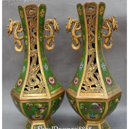 Cloisonne Enamel Bronze 24K Gold Gilt Loong Dragon Butterfly Vase Bottle Pair
