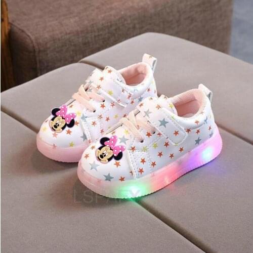 Disney Children Glowing Sneakers Kid Princess Girls LED Shoes Cute Minnie Mouse Baby Sneakers with Light Shoes Krasovki Luminous