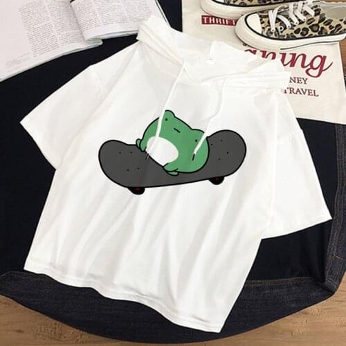 Skateboard Frog Women Oversized T-shirt Summer Hooded Tshirts Tops Tees Harajuku Short Sleeve Tshirts Female Camisetas Mujer