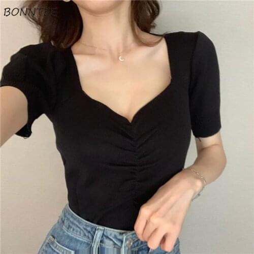 Solid T-shirts Women Summer Comfortable Simple Students All-match Fashion Korean Style Leisure Cute Tops V-neck Cropped Ladies