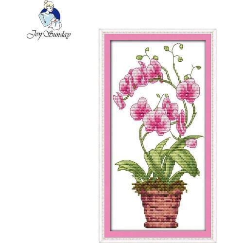 Joy Sunday floral style Pink butterfly orchid pretty cross stitch motifs patterns kits for cotton floss color chart online