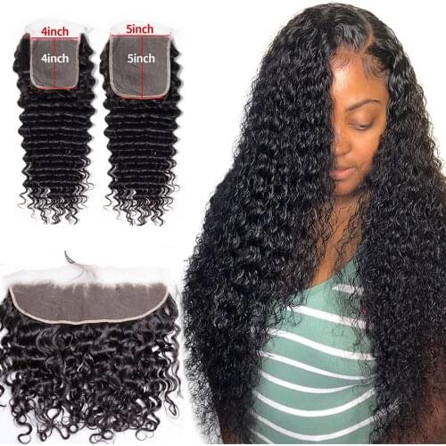 Curly 4x4 Lace Closure Brazilian Deep Wave Lace Closure Frontal 22 Inches Water Wave 100% Human Hair Extensions Remy Virgin Hair