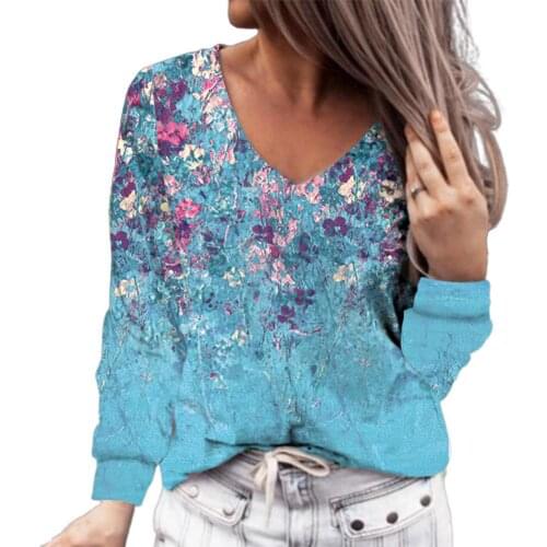 Fashion Women Loose T-shirt Long Sleeve Flower Print V Neck Autumn Casual Long Sleeve All Match Pullover Tops Streetwear