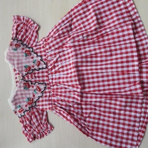Fashion Girls Dress Embroidered Cherry Collar Plaid Dresses 2021 Summer New Princess Dress Puff Sleeve Baby Dress