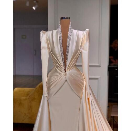 Fashion Satin Evening Dresses Beading Deep V Neck Long Sleeves Prom Gown Floor Length Pageant Dress vestidos de fiesta de noche