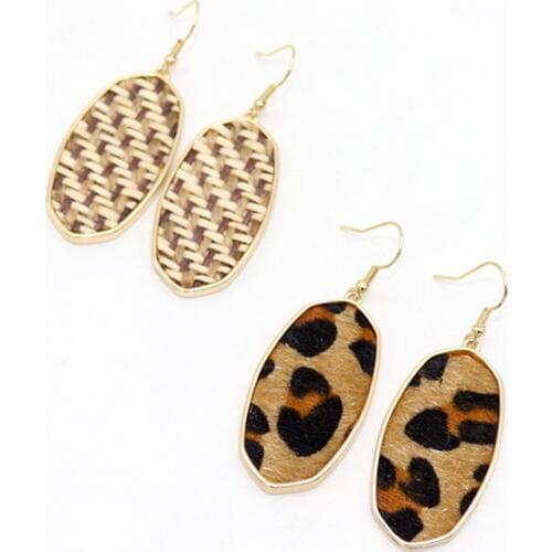 Fashion Leopard Design Oval Turtle Rattan Knit Hook Dangle Drop Statement Earrings for Women Jewelry