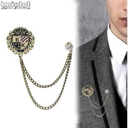 2019 New Mens British Shield Chain Brooch Crystal Rhinestone Lapel Enamel Pin Brooches Denim Suit Coat Pins Badge Jewelry Gift