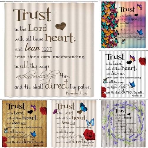 Trust in The Lord with All Thine Heart Inspirational Theme Fabric Bible Verse Scripture Quotes Shower Curtain Sets Bathroom