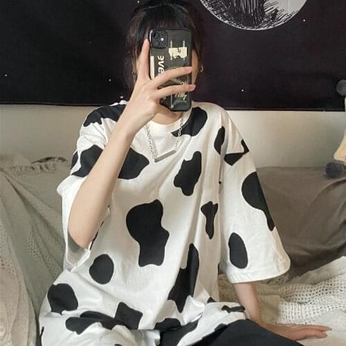KoukiMa 2021 Summer New Irregular Oversized Casuzl Loose T-Shirt Cow Print Short Sleeve Tshirts School Ins Clothing Kawaii Tops