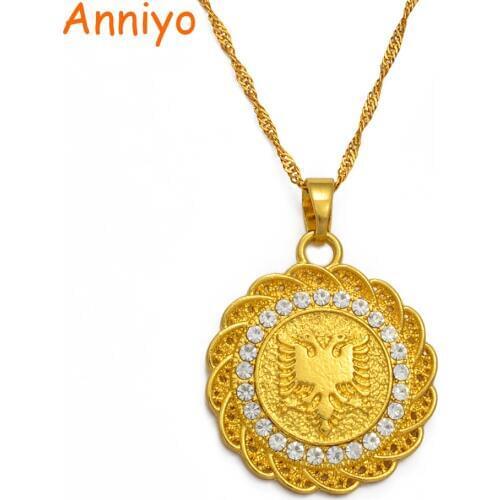 Anniyo Albania Eagle Pendant Necklaces for Women Girls Gold Color With Rhinestone Jewelry #227306