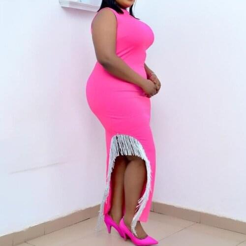 2021 Commuter Pure Color Sexy Temperament Tassel Dress Fashion Temperament Casual Oversized African Tassel Split Round Neck New