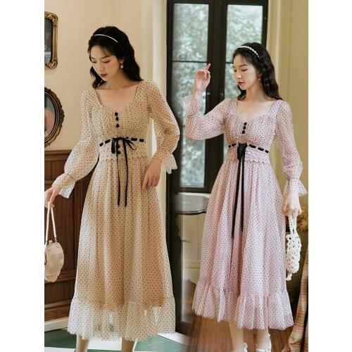 2 Colors Short & Long Sleeve Dot Mesh Dress For Slim Lady Summer Vintage Square Collar Soft Romantic Midi Dresses Female Vestido