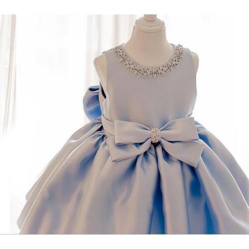 Sky Blue tulle Princess Girl Party Dresses Beads Tulle Big Bow Wedding Dress for Christmas Kids Birthday clothes 12M-12Y