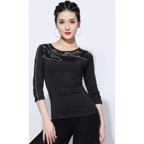 Latin Dance Shirts Adults Sexy Lace Print Top Samba Tango Salsa Cha Cha Rumba Dancing Clothes Ballroom Practice Wear DNV13466