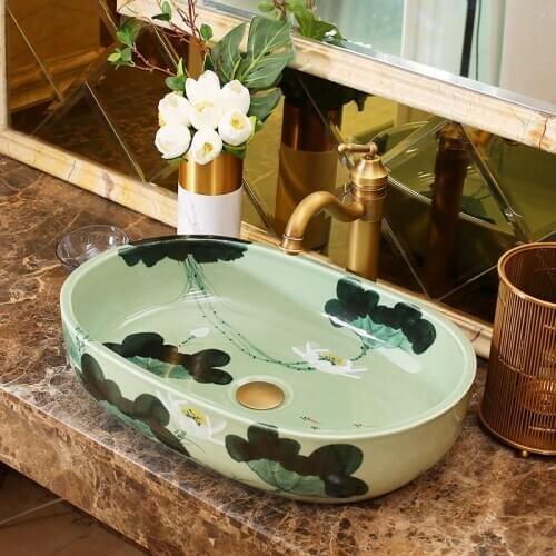 Europe Style Handmade Countertop Ceramic wash basin Bathroom Basin Bathroom Sink porcelain vintage bathroom sink oval lotus