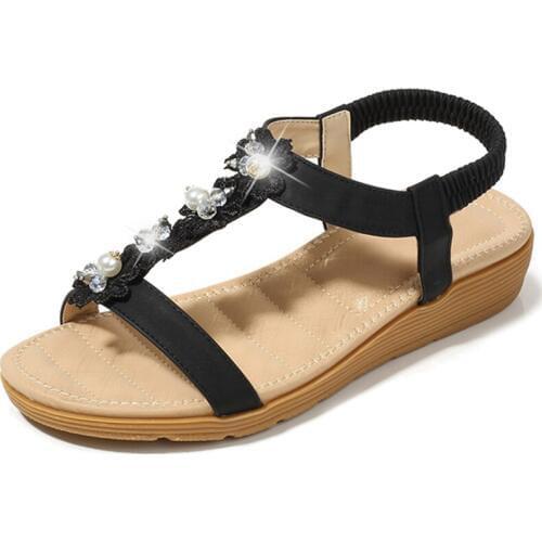 New Pearl Comfortable Flat Sandles Anti-skid Flower Elastic Band Women Sandals Wedges Fashion Bohemia Beach Dress Sandalia Mujer