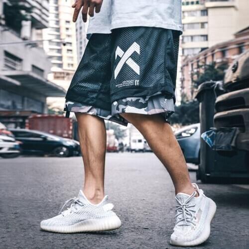 Side Harajuku Shorts Men Streetwear Casual Shorts Hip Hop Sweatpants Mesh Camouflage Military Short Pants Print Loose Polyester