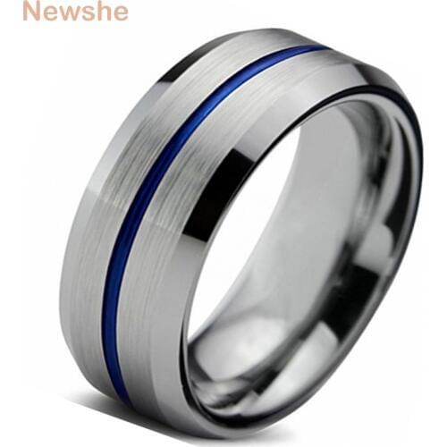 Newshe Tungsten Rings For Men Groove Ring Carbide Blue Line 8mm Mens Wedding Band High Polish Charm Jewelry Size 9-13