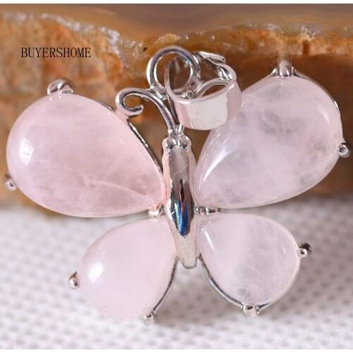 Men Women Jewelry Gift Natural Pink Crystal Quartz Stone Bead Animal Butterfly Pendant For Necklace 1Pcs K469