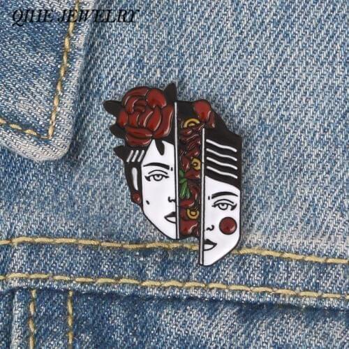 QIHE JEWELRY Split Face Pin Flower Women Face Brooches Cool Girl Badges Punk Lapel pins Brooches for women