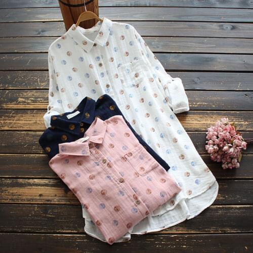 8753 New Spring Women Long Shirt Japan Style Literary Turndown Collar Print Cotton Long Sleeve Loose Blouse Women