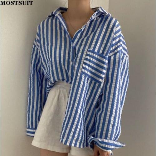 Casual Loose Striped Women Shirt Tops Autumn Full Sleeve Turn-down Collar Blouses Korean Fashion Ladies Blusas Mujer 2021