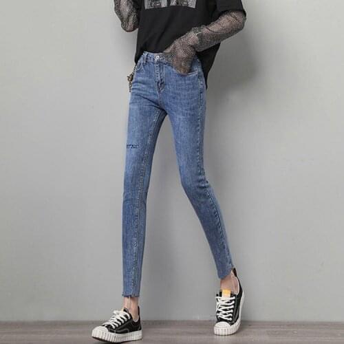 Women 2021 Spring Autumn Fashion Long Holes Jeans Female New Skinny Denim Trousers Ladies High Waist Slim Pencil Pants P62