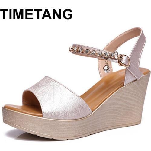 TIMETANGPlus Size Rhinestone Sandals Shoes Woman Summer 2019 Wedge Heels Silver Platform Ladies Sandals Ladies Wedding Shoes 41