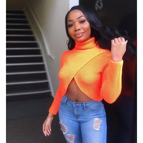 Womens Neon Sweater Females Turtleneck Fashion Cross Bare Midriff Autumn Winter Knitted Shirts Ladies Fluorescent Top Jumpers
