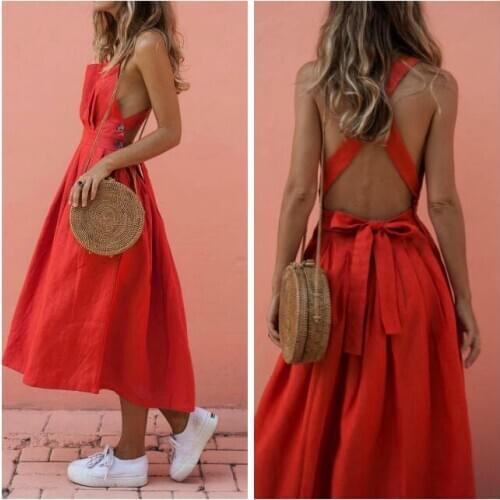 Women Summer Pleated Dress Sexy Back Cross Strap Side Button Decor Square Collar Pleated Solid Color Comfortable Dress