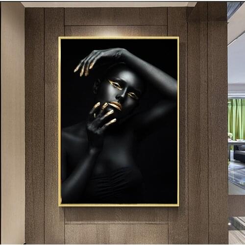 Golden Sexy Black African Nude Woman Canvas Painting Posters and Prints Scandinavian Wall Pop Art Picture for living Room Decor