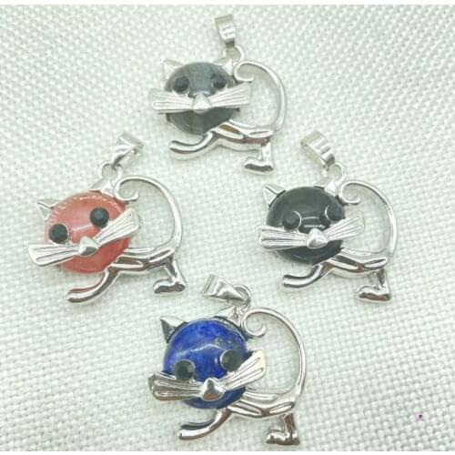 Natural Stone Quartz Crystal lapis labradorite Silver Alloy Cute Cat Pendant For DIY Jewelry Making Necklace Accessories 10pcs