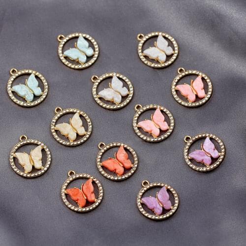 10Pcs/set Multicolor Acrylic Butterfly Alloy Charms Row Rhinestone Surrounded Frame Insect Charm For DIY Earrings Accessories