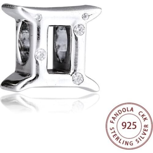 100% Real 925 Sterling Silver Sparkling Gemini Zodiac Charms Beads Fits Pandora Bracelet Argent Charm Silver 925 Jewelry Kralen