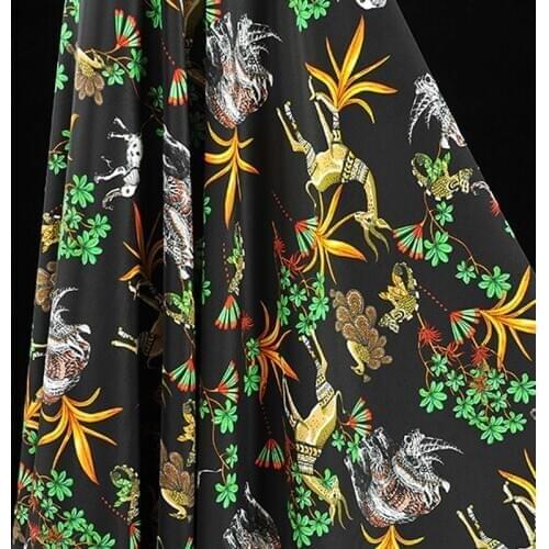112CM 30MM Plant and Animal Print Stretch Black Pink Silk Crepe Fabric for Summer Dress Blouse Skirt Shirt Scarf Pants J225