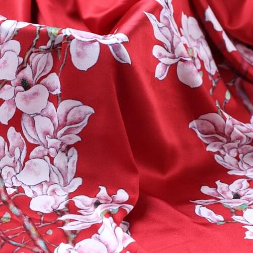 118*98CM 19MM 93% Silk & 7% Spandex Orchid Print Stretch Red Silk Satin Fabric for Dress Cheongsam Shirt Jacket B223