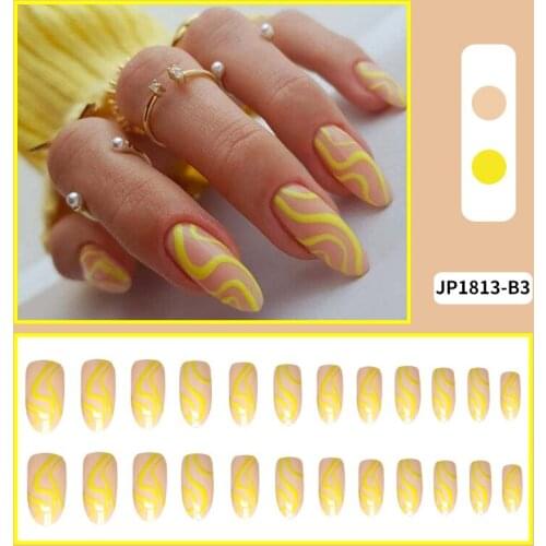 24pcs Yellow Lines Nail Patch Round Head Glue Type Removable Long Paragraph Fashion Manicure False Nail Patch SK88