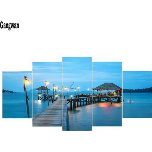 5 Panel Bridge DIY Rhinestone Embroidery Diamond Painting lake Landscape 3D Cross-Stitch full square round Mosaic Mural Decor