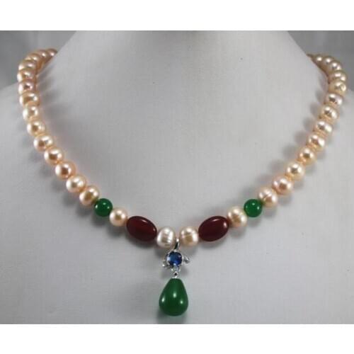Free shipping 1row Hot Jewelry 7-8mm pearl green Jade Pendant Necklace 18