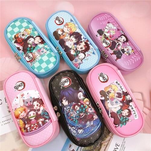 1 Pcs Cute Anime Demon Slayer: Kimetsu No Yaiba Pencil Case Large Capacity Double Zipper PU Pencil Bags Storage Bag Figure Toys